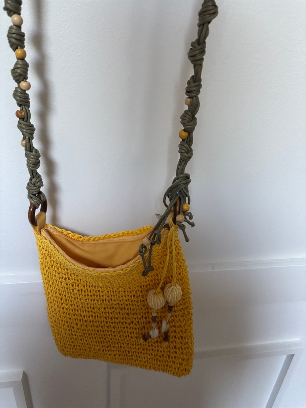 Sun N Sand Crossbody Yellow Bead & Shell Woven Straw, Inner Lined